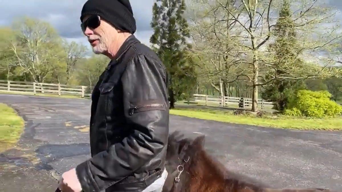 Regardez Dave Mustaine de Megadeth promener Rocky, son cheval miniature